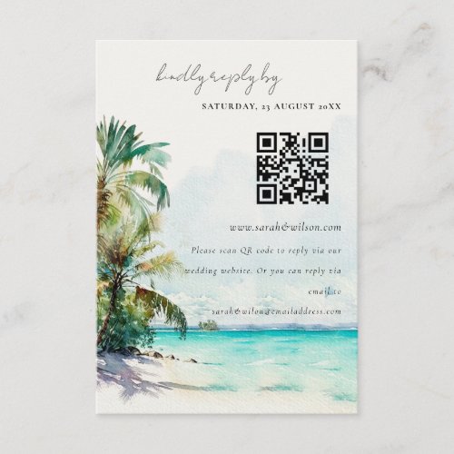 Tropical Beach Palm Tree Wedding RSVP QR Code Enclosure Card