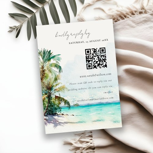 Tropical Beach Palm Tree Wedding RSVP QR Code Enclosure Card