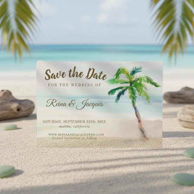 Tropical Beach Palm Tree Wedding Save The Date (Creator Uploaded)