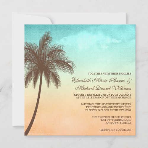 Tropical Beach Palm Tree Wedding Square Personalized Invitation