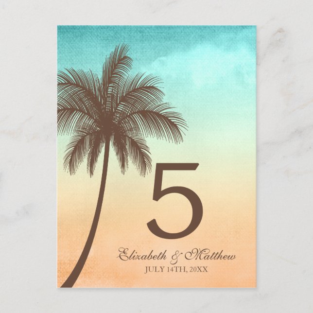 Tropical Beach Palm Tree Wedding Table Number (Front)