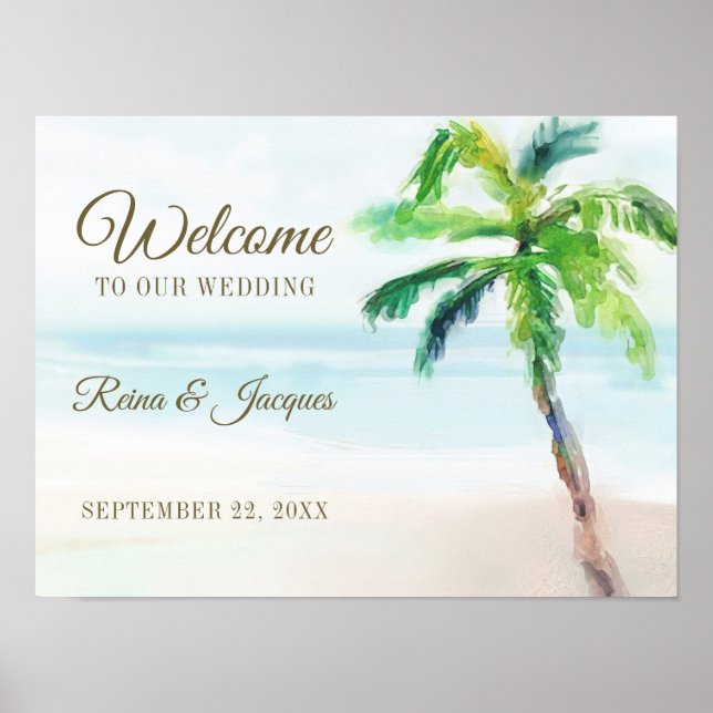 Tropical Beach Palm Tree Wedding Welcome Sign (Front)