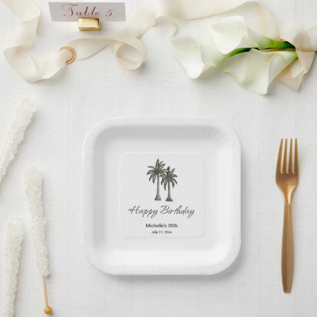 Tropical Beach Palm Trees 30th Birthday Party Paper Plates (Wedding)