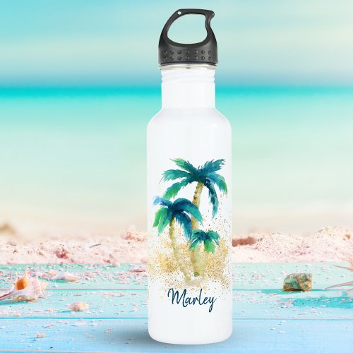 Tropical Beach Palm Trees and Gold Sand Stainless Steel Water Bottle