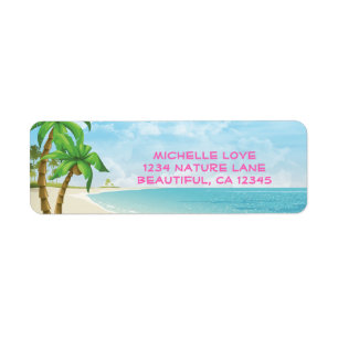 Tropical Beach, Palm Trees and Pink Text Address Label