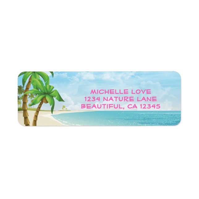 Tropical Beach, Palm Trees and Pink Text Address Label (Front)