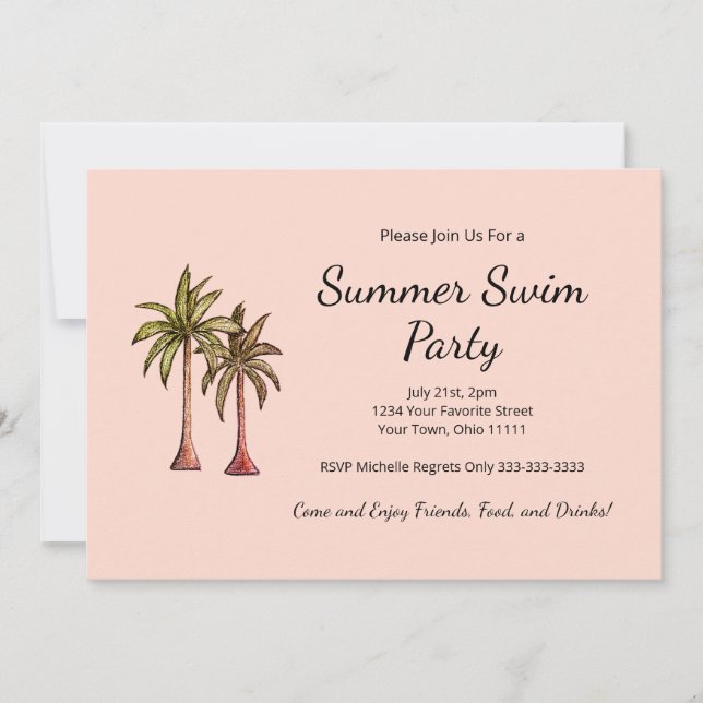 Tropical Beach Palm Trees Blush Pink Pool Party Invitation (Front)