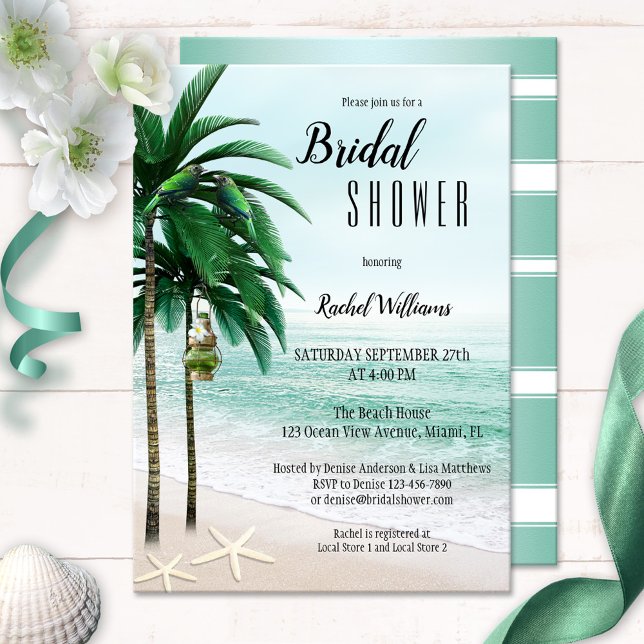 Tropical Beach Palm Trees Bridal Shower Invitation (Bridal shower invitation featuring a tropical beach with palm trees, parrots, a lantern and starfish)