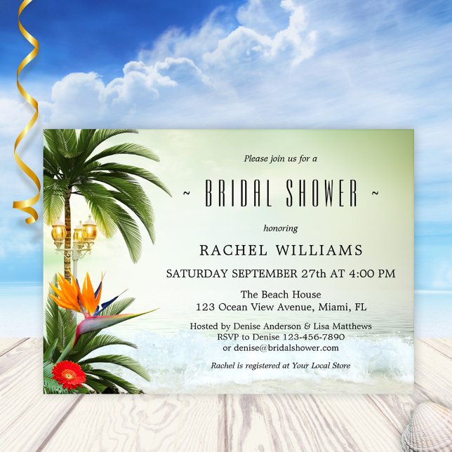 Tropical Beach Palm Trees Bridal Shower Invitation (Bridal shower invitation featuring a tropical beach scene with palm trees and lanterns at the ocean)