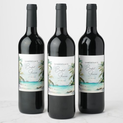 Tropical Beach Palm Trees Bridal Shower Wine Label