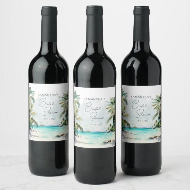 Tropical Beach Palm Trees Bridal Shower Wine Label (Bottles)