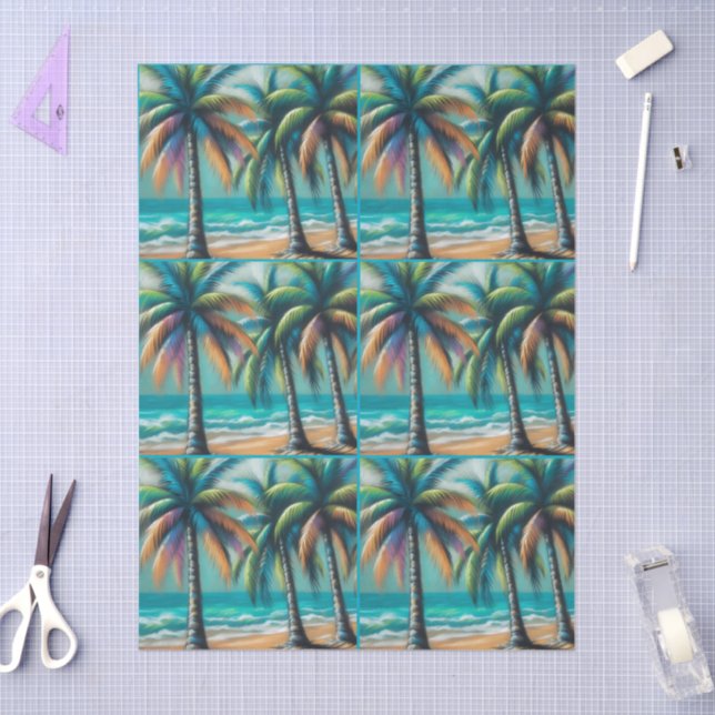 Tropical Beach Palm Trees Chalk-Pastel Decoupage  Tissue Paper (Craft)