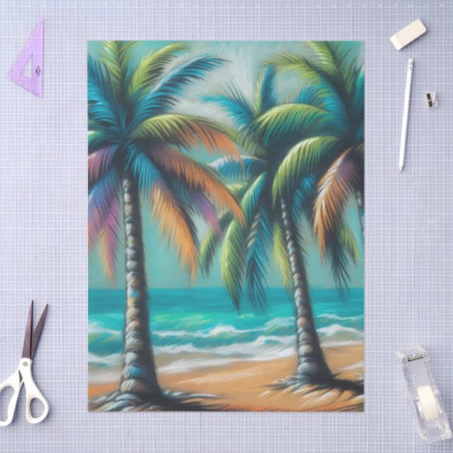Tropical Beach Palm Trees Chalk-Pastel Decoupage  Tissue Paper (Craft)