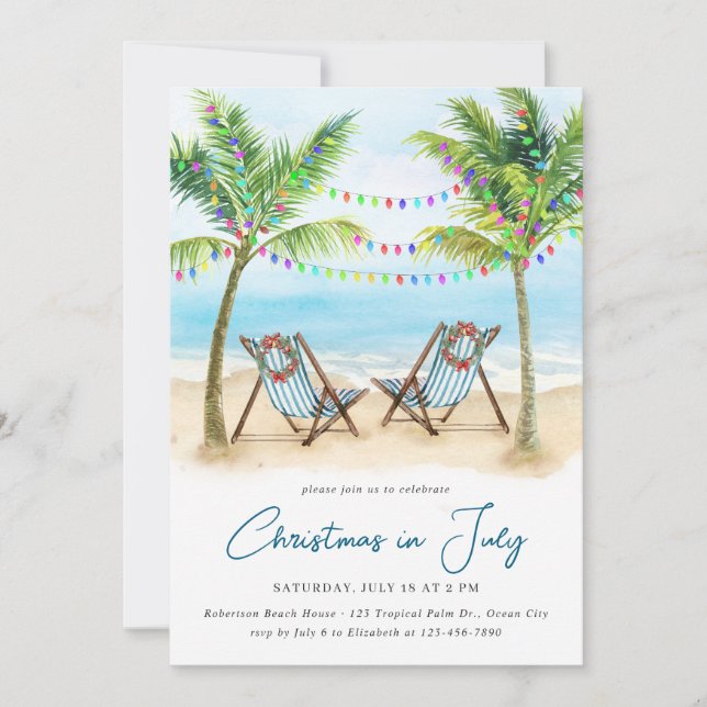 Tropical Beach Palm Trees Christmas in July Invitation (Front)