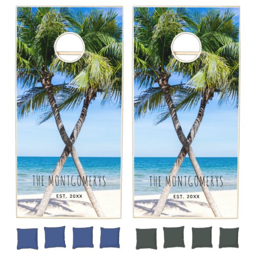 Tropical Beach Palm Trees Custom Name Date Photo Cornhole Set