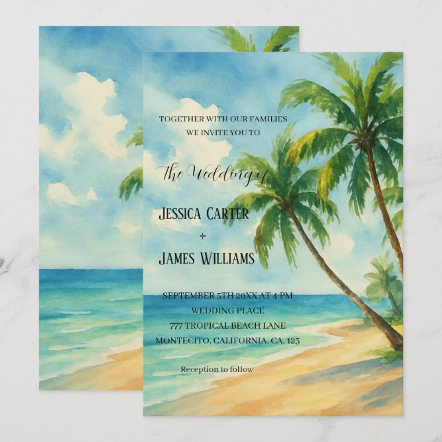 Tropical Beach Palm Trees Destination Wedding Invitation (Front/Back)
