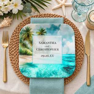 Tropical Beach & Palm Trees Elegant Wedding Paper Plates