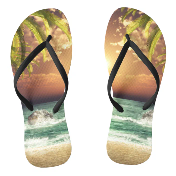 Hawaiian Inspired Print Men Summer Palm Tree Flip Flop Sandals in Sunset Blue 