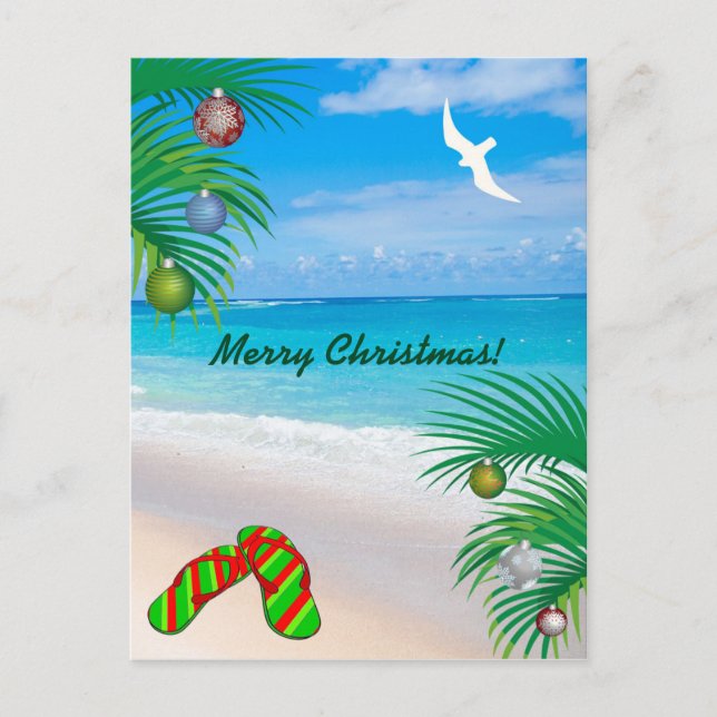 Tropical Beach, Palm Trees & Flip Flops Christmas Holiday Postcard (Front)
