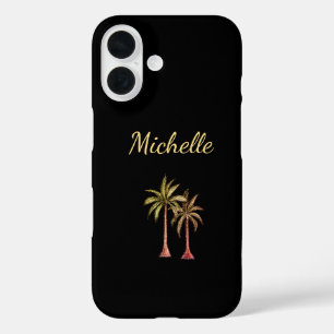 Tropical Beach Palm Trees Gold Script Black iPhone 16 Case