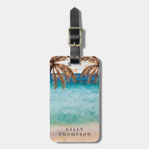 tropical beach palm trees luggage tag label