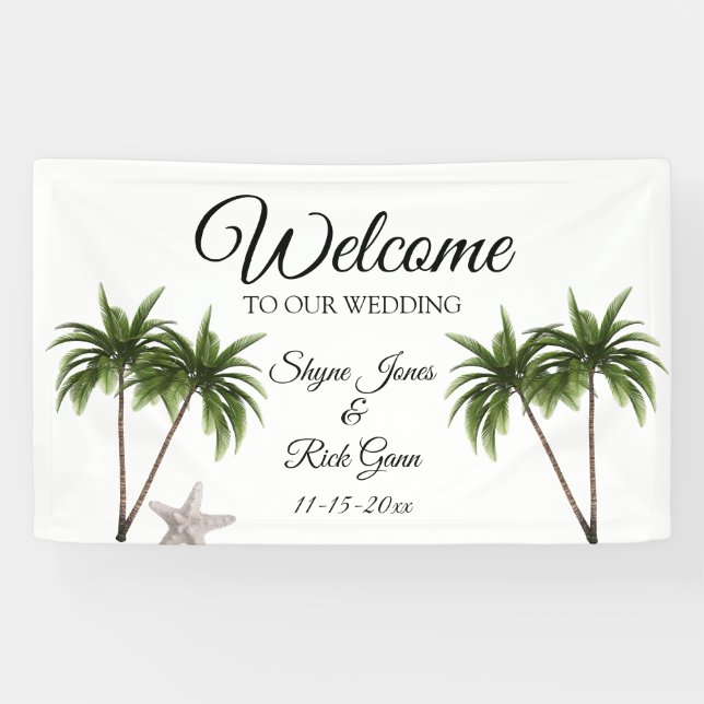Tropical Beach Palm Trees Modern Starfish Wedding Banner (Horizontal)
