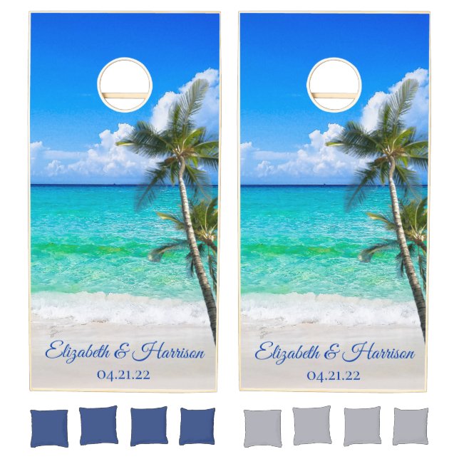 Tropical Beach Palm Trees Ocean Scene Wedding Cornhole Set (Set)