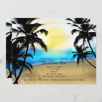 Tropical Beach & Palm Trees Party Invitations by printabledigidesigns at Zazzle
