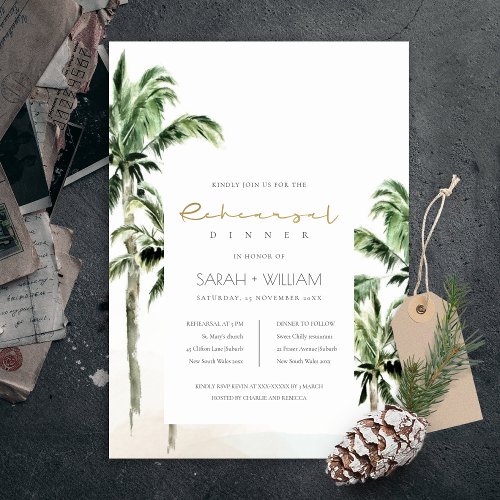 Tropical Beach Palm Trees Rehearsal Dinner Invite