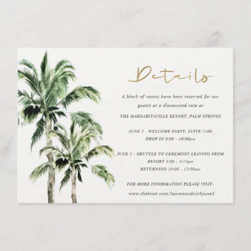 Tropical Beach Palm Trees Rustic Wedding Detail Enclosure Card