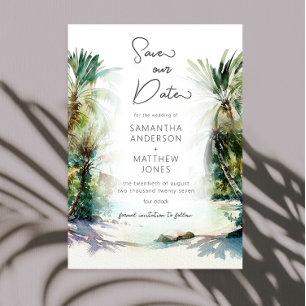 Tropical Beach Palm Trees Save The Date Invitation