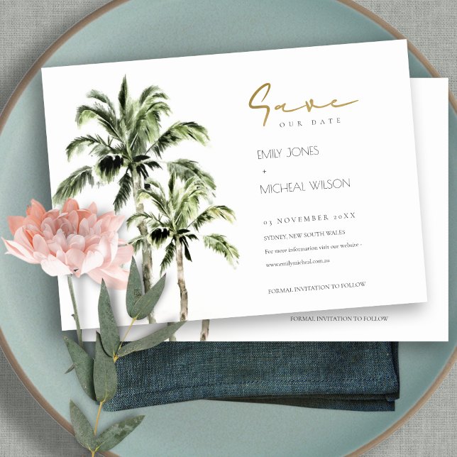 Tropical Beach Palm Trees Save The Date Invite