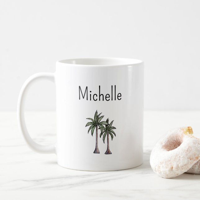 Tropical Beach Palm Trees Simple Typography  Coffee Mug (With Donut)
