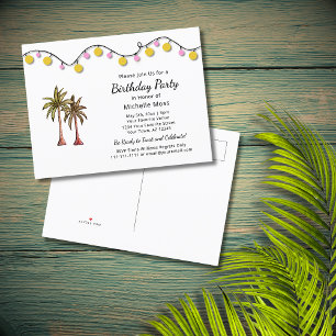 Tropical Beach Palm Trees String Lights Birthday  Invitation Postcard