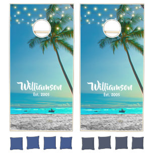 Tropical Beach Palm Trees String Lights Family Cornhole Set