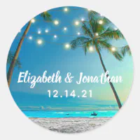Tropical Beach Wedding, String of Lights Monogram Classic Round Sticker