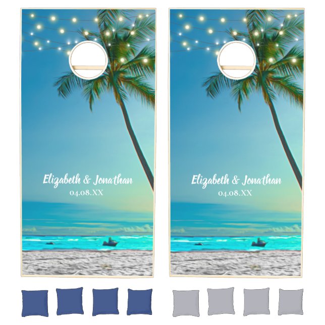 Tropical Beach Palm Trees & String Lights Wedding Cornhole Set (Set)