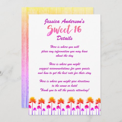 Tropical Beach Palm Trees Sweet Sixteen DETAILS Invitation