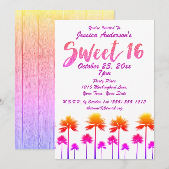 Tropical Beach Palm Trees Sweet Sixteen Invitation (Front/Back)