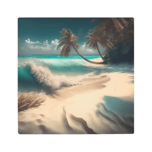 Tropical Beach Palm Trees Turquoise Water Metal Print