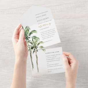 Tropical Beach Palm Trees Watercolor Wedding All In One Invitation