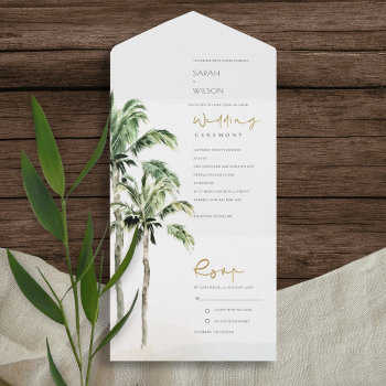 Tropical Beach Palm Trees Watercolor Wedding All In One Invitation by YellowFebPaperie at Zazzle