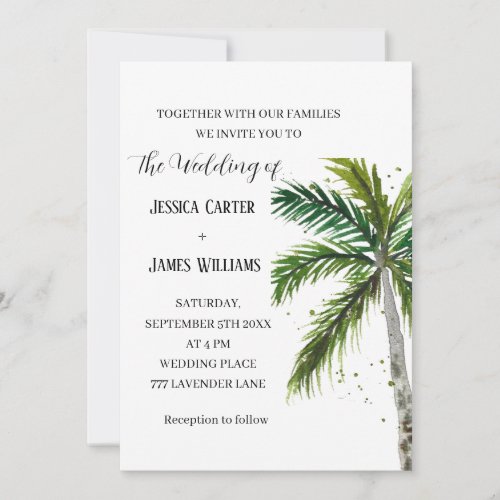 Tropical Beach Palm Trees Watercolor Wedding Invitation