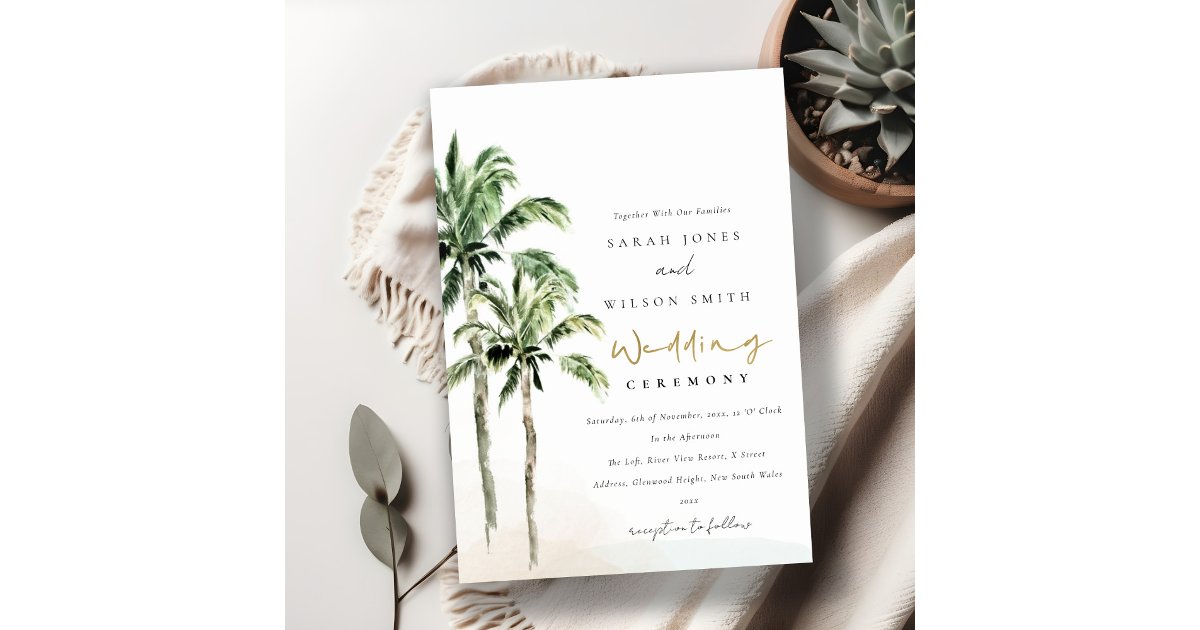 Tropical Beach Palm Trees Watercolor Wedding Invitation | Zazzle
