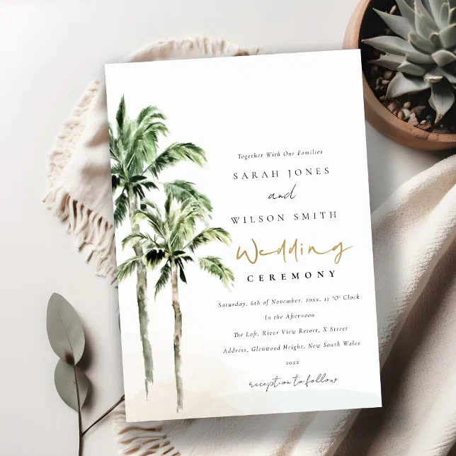 Tropical Beach Palm Trees Watercolor Wedding Invitation | Zazzle