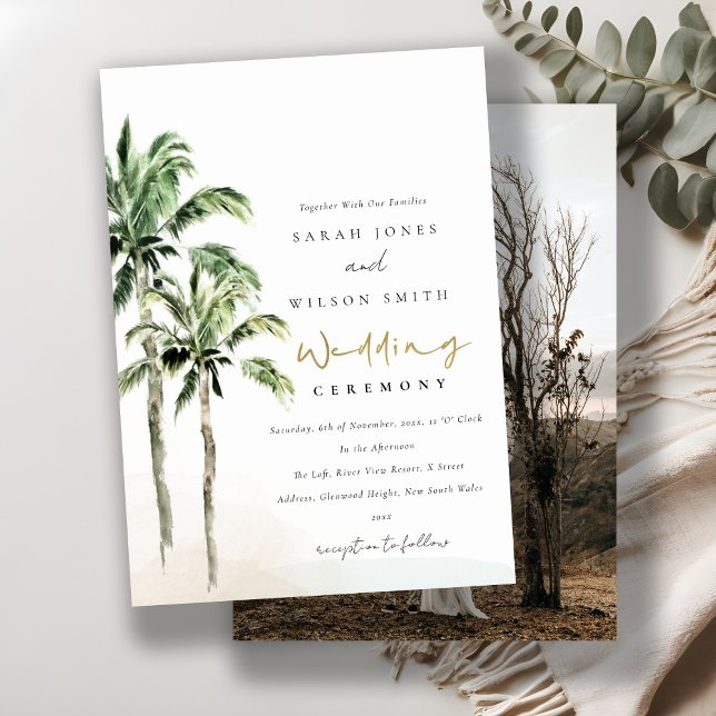Tropical Beach Palm Trees Watercolor Wedding Photo Invitation (Creator Uploaded)