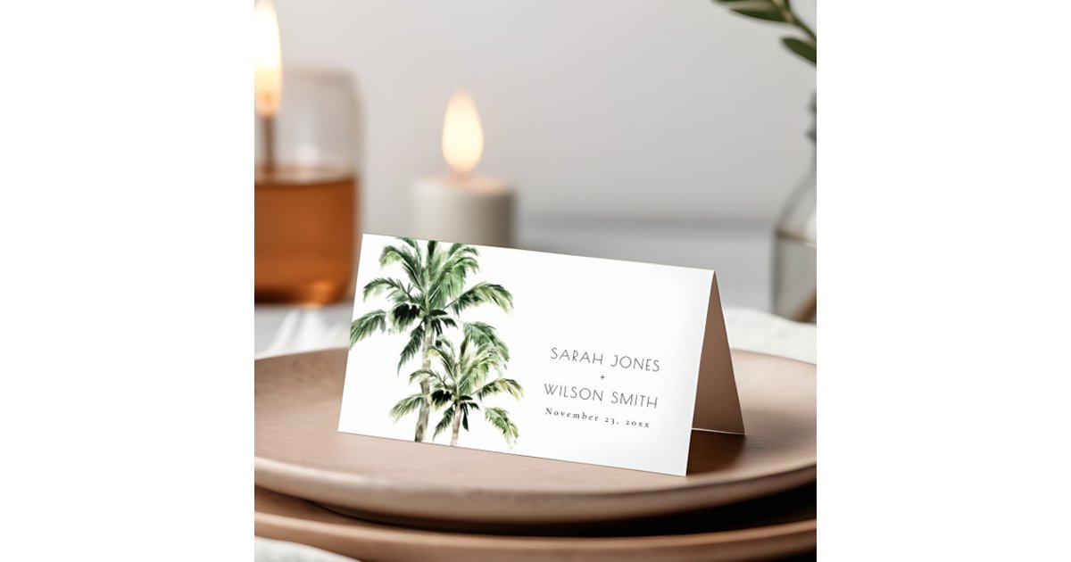 Tropical Beach Palm Trees Watercolor Wedding Place Card | Zazzle