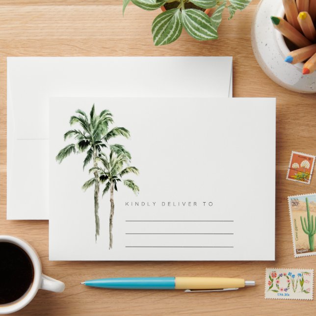 Tropical Beach Palm Trees Wedding Address Envelope (Desk)