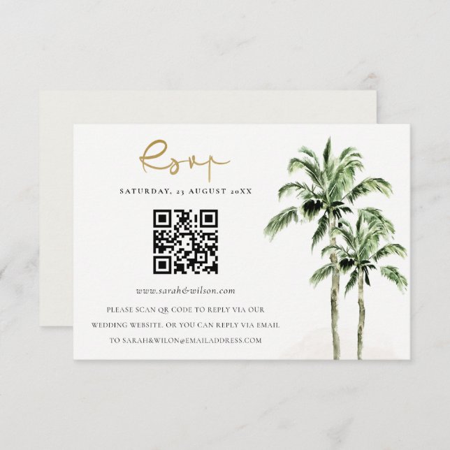 Tropical Beach Palm Trees Wedding QR Code RSVP Enclosure Card (Front/Back)