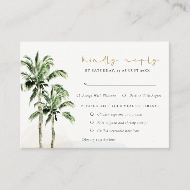 Tropical Beach Palm Trees Wedding Rsvp Meal Diet Enclosure Card (Front)